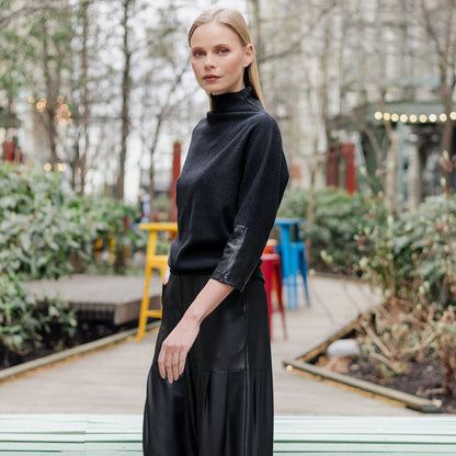 Plush Ribbed - Liquid Leather Cuff Sweater - Black - Final Sale | Clara Sunwoo