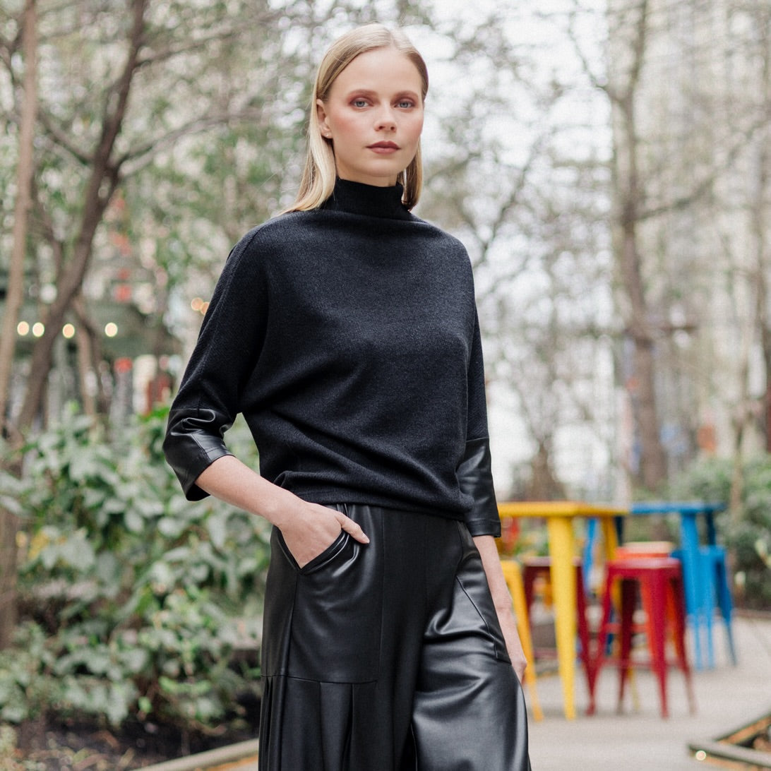 Plush Ribbed - Liquid Leather Cuff Sweater - Black - Final Sale | Clara Sunwoo
