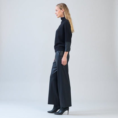 Plush Ribbed - Liquid Leather Cuff Sweater - Black - Final Sale | Clara Sunwoo