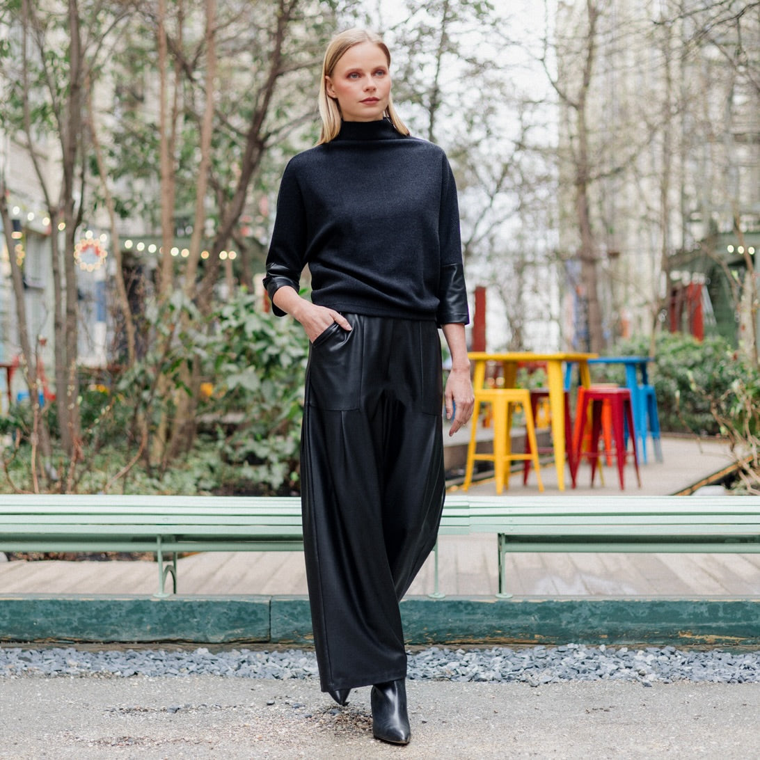 Plush Ribbed - Liquid Leather Cuff Sweater - Black - Final Sale | Clara Sunwoo