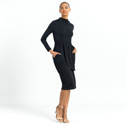 Lightweight Ponte - Tie Waist Pocket Midi Dress - Black - Final Sale! | Clara Sunwoo