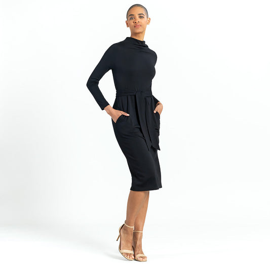 Lightweight Ponte - Tie Waist Pocket Midi Dress - Black - Final Sale! | Clara Sunwoo