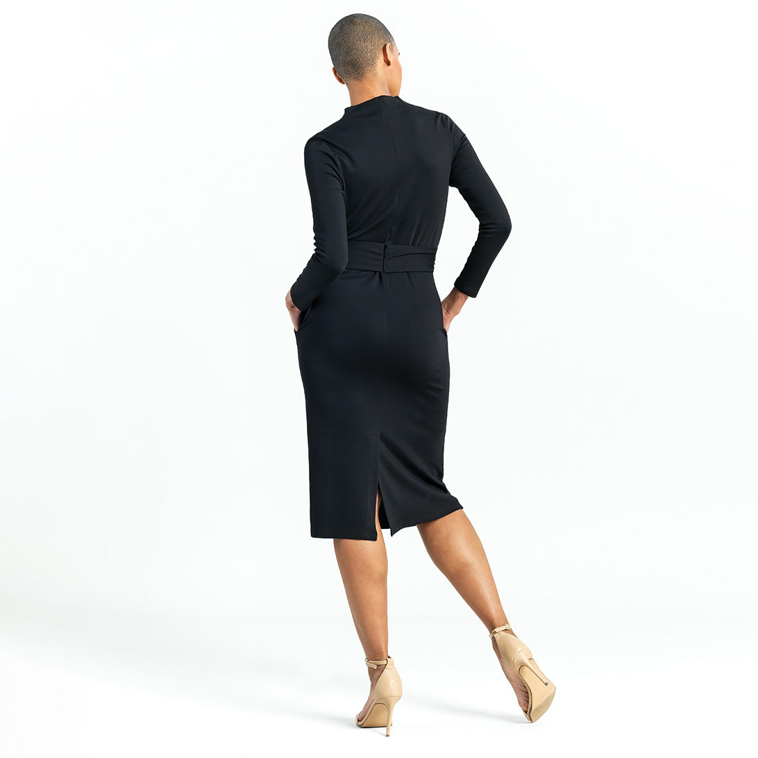 Lightweight Ponte - Tie Waist Pocket Midi Dress - Black - Final Sale! | Clara Sunwoo