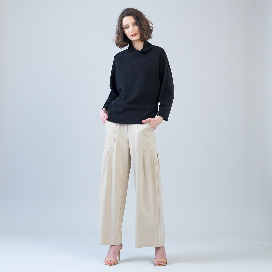 Plush Ribbed - Crossover Petal Neck Sweater - Black | Clara Sunwoo