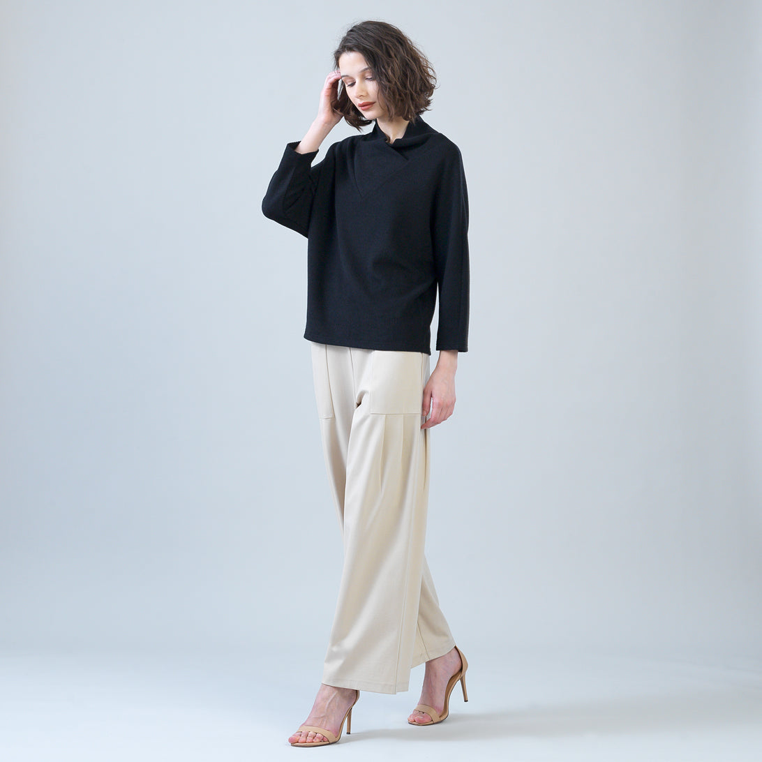 Plush Ribbed - Crossover Petal Neck Sweater - Black | Clara Sunwoo