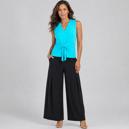 Sleeveless V-Neck Center Front Tie Top - Turquoise - Final Sale | Clara Sunwoo