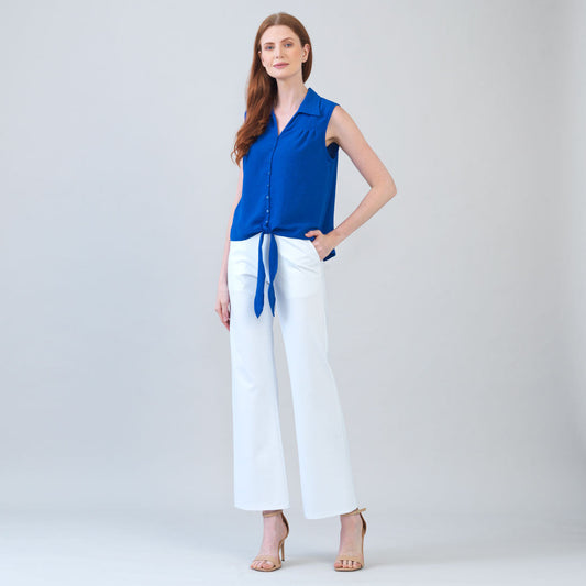 Textured Rayon - Sleeveless Button Down Tie Hem Top - Cobalt - Final Sale | Clara Sunwoo