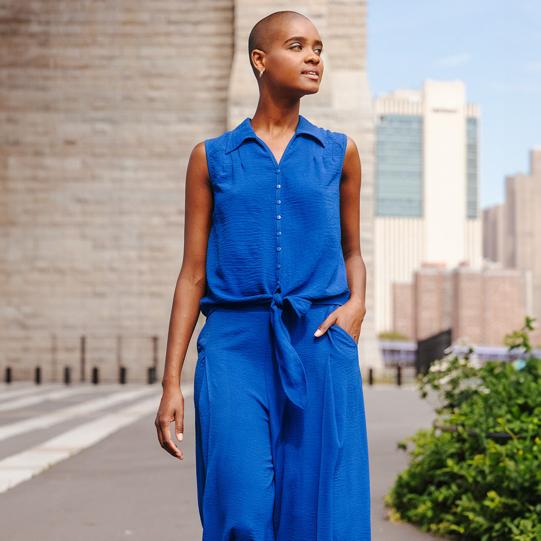Textured Rayon - Sleeveless Button Down Tie Hem Top - Cobalt - Final Sale | Clara Sunwoo