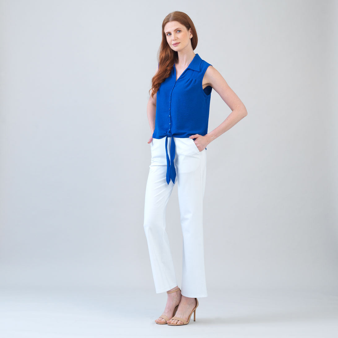 Textured Rayon - Sleeveless Button Down Tie Hem Top - Cobalt - Final Sale | Clara Sunwoo