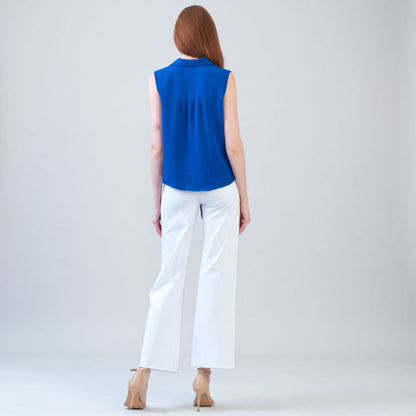 Textured Rayon - Sleeveless Button Down Tie Hem Top - Cobalt - Final Sale | Clara Sunwoo