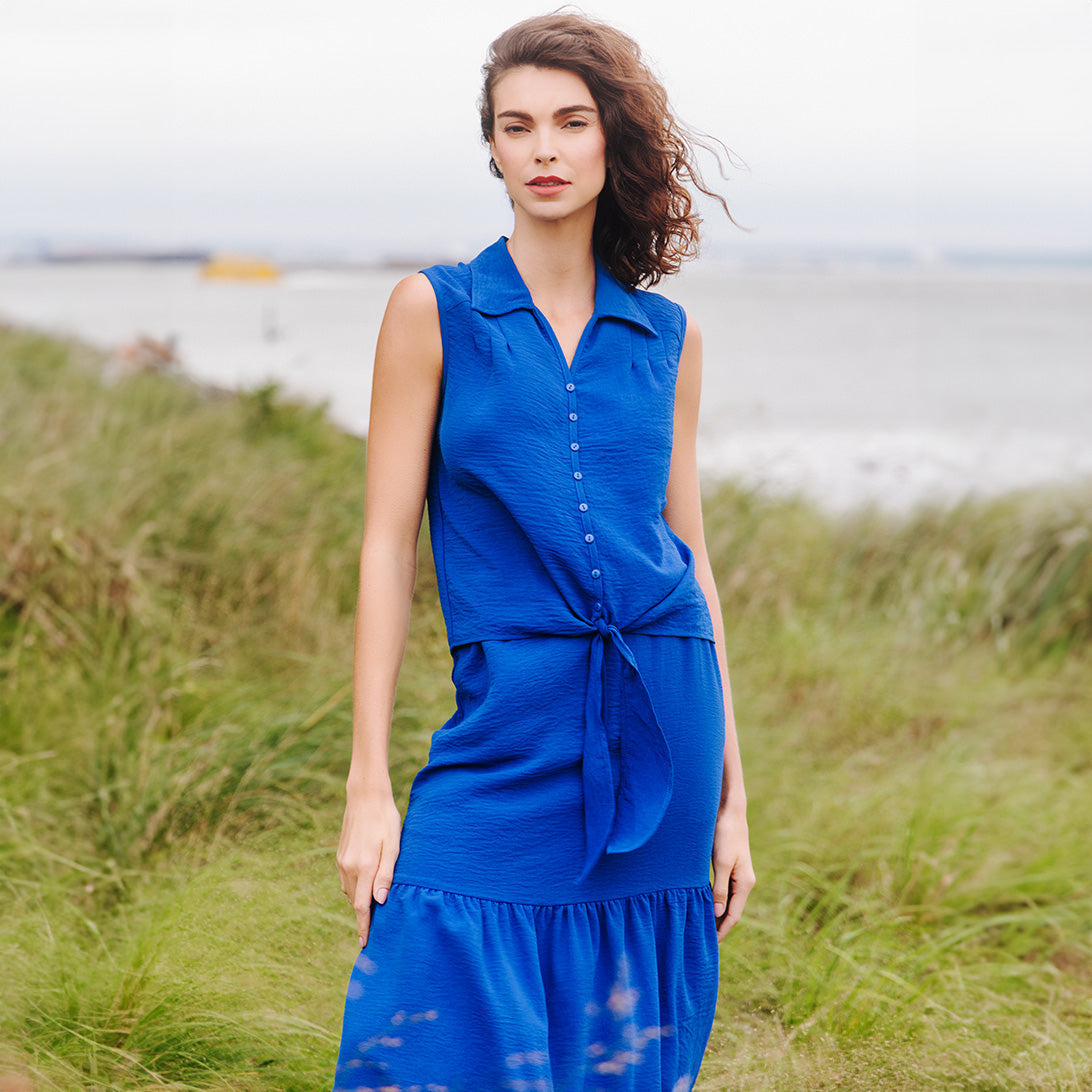 Textured Rayon - Sleeveless Button Down Tie Hem Top - Cobalt - Final Sale | Clara Sunwoo
