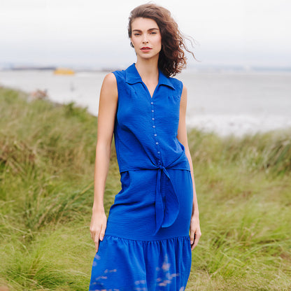 Textured Rayon - Sleeveless Button Down Tie Hem Top - Cobalt - Final Sale | Clara Sunwoo