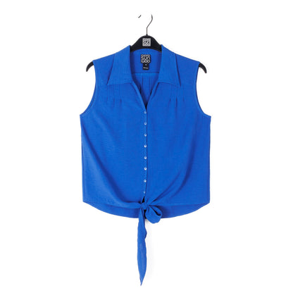 Textured Rayon - Sleeveless Button Down Tie Hem Top - Cobalt - Final Sale | Clara Sunwoo
