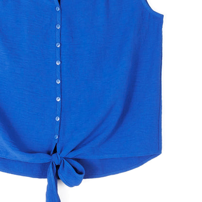 Textured Rayon - Sleeveless Button Down Tie Hem Top - Cobalt - Final Sale | Clara Sunwoo