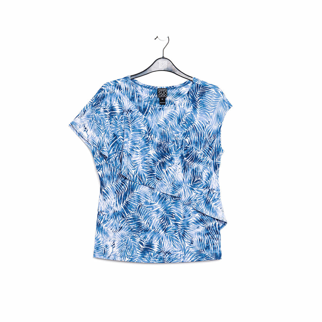 Light Knit - Ruffle Overlay Top - Blue-Palm Branch - Final Sale | Clara Sunwoo