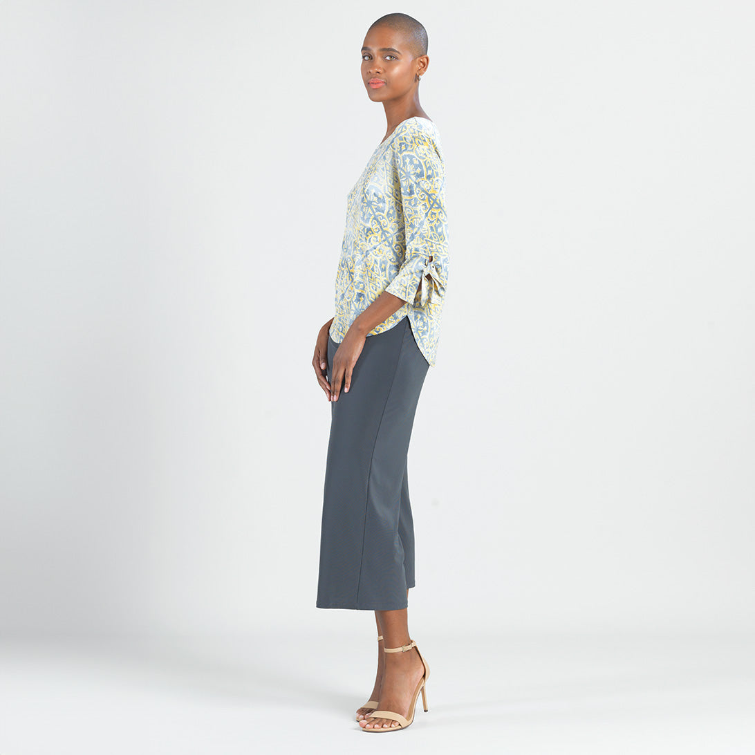 Textured Tie Cuff Curved Hem Top - Mosaic Emblem - Final Sale | Clara Sunwoo