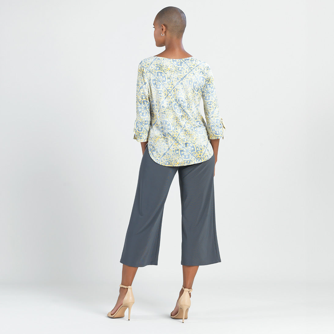 Textured Tie Cuff Curved Hem Top - Mosaic Emblem - Final Sale | Clara Sunwoo