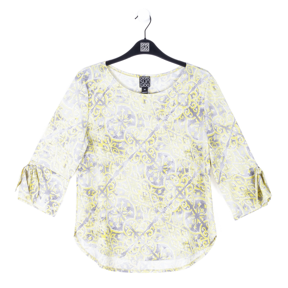 Textured Tie Cuff Curved Hem Top - Mosaic Emblem - Final Sale | Clara Sunwoo