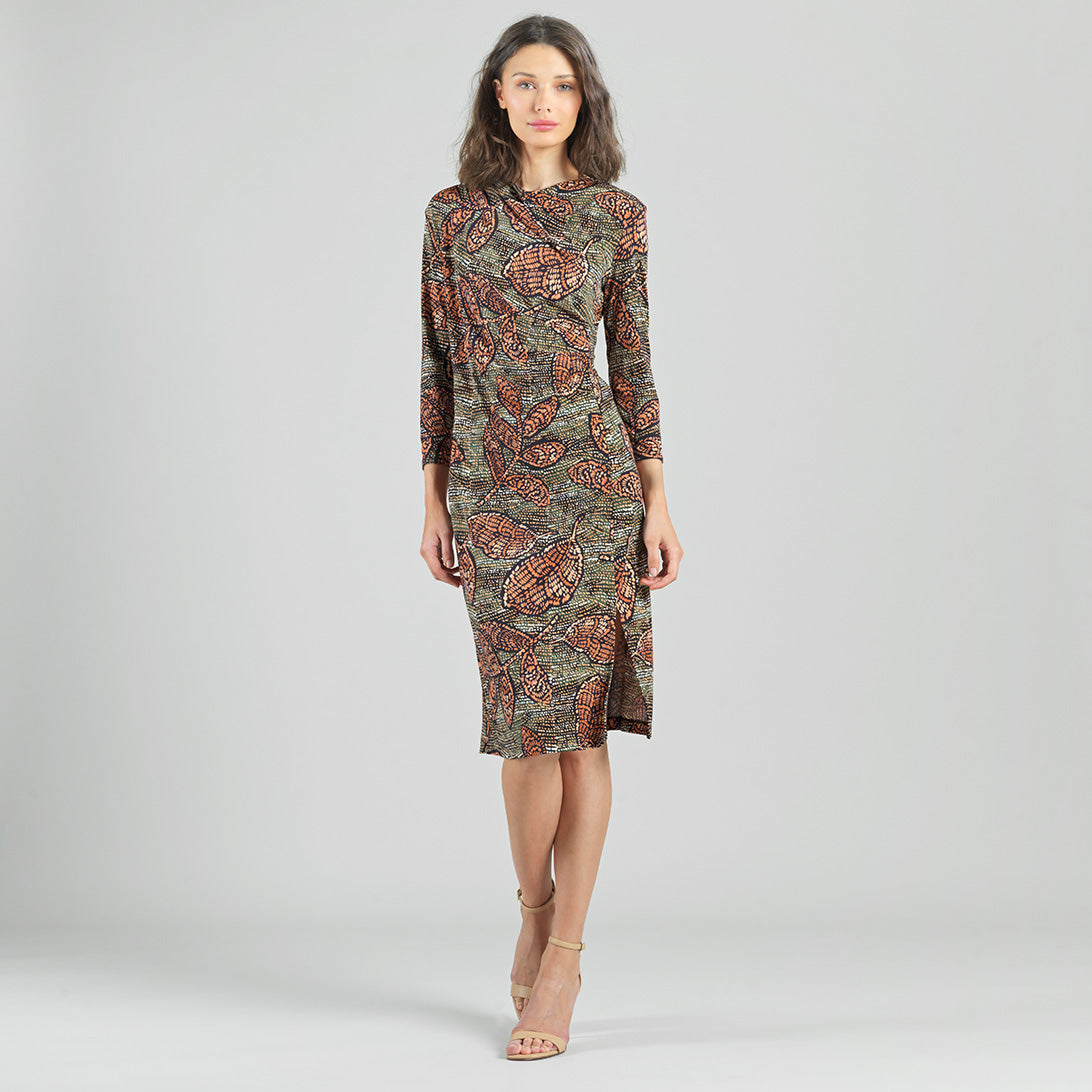 Side Slit 3/4 Sleeve Midi Dress - Mosaic Leaves - Final Sale | Clara Sunwoo