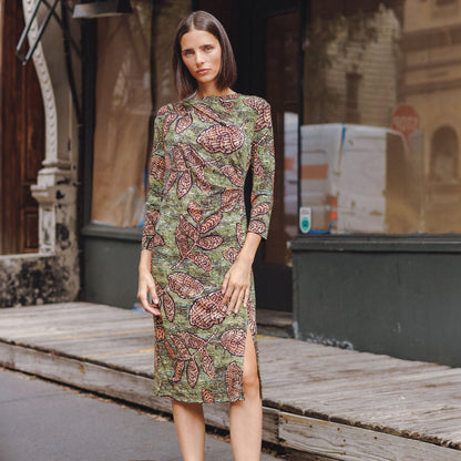 Side Slit 3/4 Sleeve Midi Dress - Mosaic Leaves - Final Sale | Clara Sunwoo