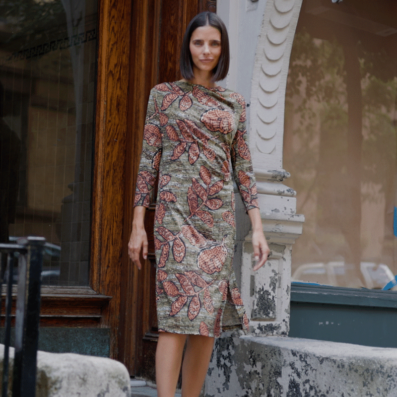 Side Slit 3/4 Sleeve Midi Dress - Mosaic Leaves - Final Sale | Clara Sunwoo