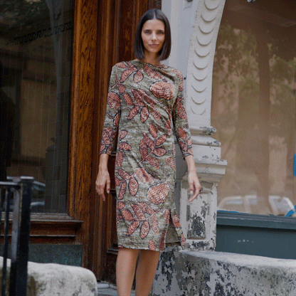 Side Slit 3/4 Sleeve Midi Dress - Mosaic Leaves - Final Sale | Clara Sunwoo