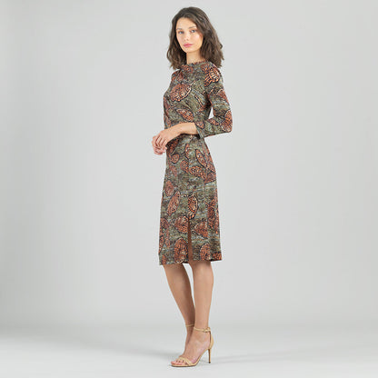 Side Slit 3/4 Sleeve Midi Dress - Mosaic Leaves - Final Sale | Clara Sunwoo