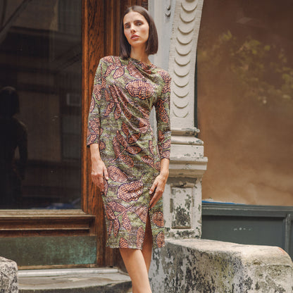 Side Slit 3/4 Sleeve Midi Dress - Mosaic Leaves - Final Sale | Clara Sunwoo