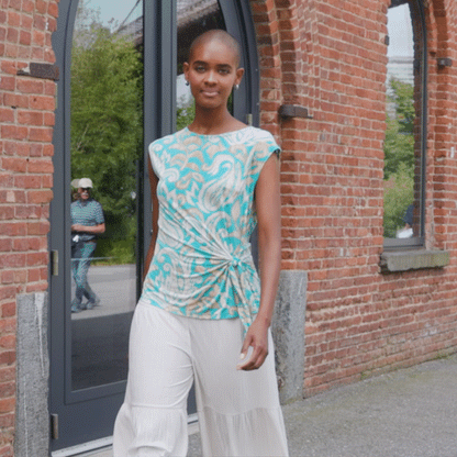 Butter Knit - Cap Sleeve Side Tie Top - Paisley Lotus-Turquoise - Final Sale | Clara Sunwoo