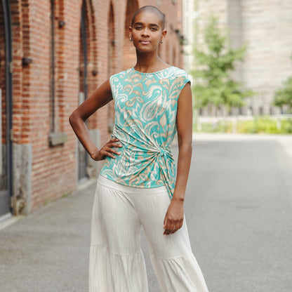 Butter Knit - Cap Sleeve Side Tie Top - Paisley Lotus-Turquoise - Final Sale | Clara Sunwoo