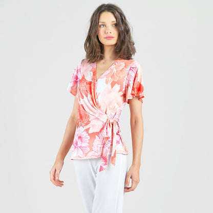 Butter Knit - Surplice Faux Wrap Side Tie Top - Sunset Petals - Final Sale | Clara Sunwoo