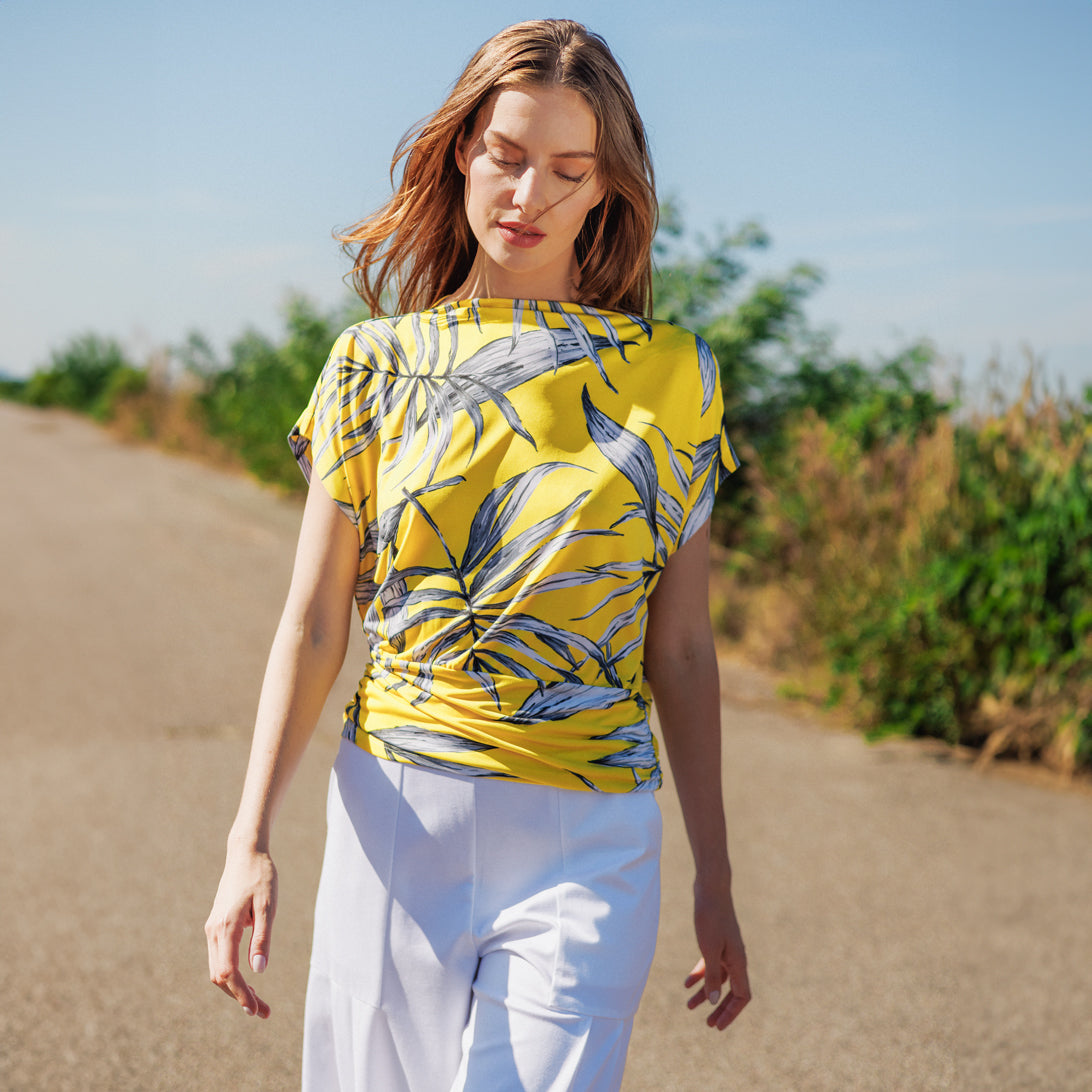 Side Ruched Boat Neck Top - Sunlit Palm - Final Sale | Clara Sunwoo