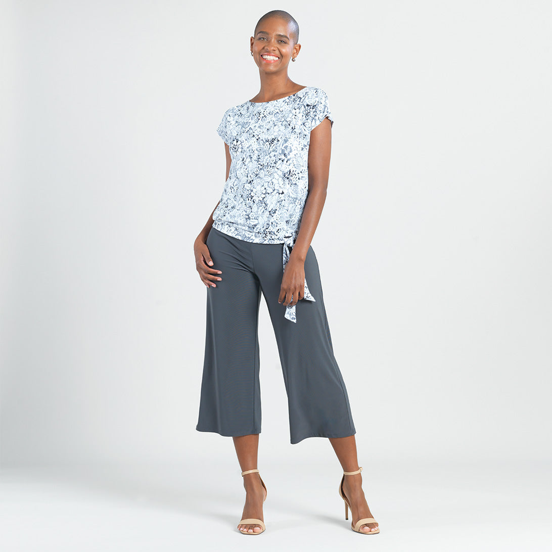 Textured Cap Sleeve Tie Hem Top - Floral Rain-Grey - Final Sale | Clara Sunwoo