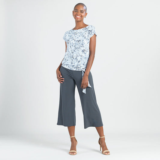 Textured Cap Sleeve Tie Hem Top - Floral Rain-Grey - Final Sale | Clara Sunwoo