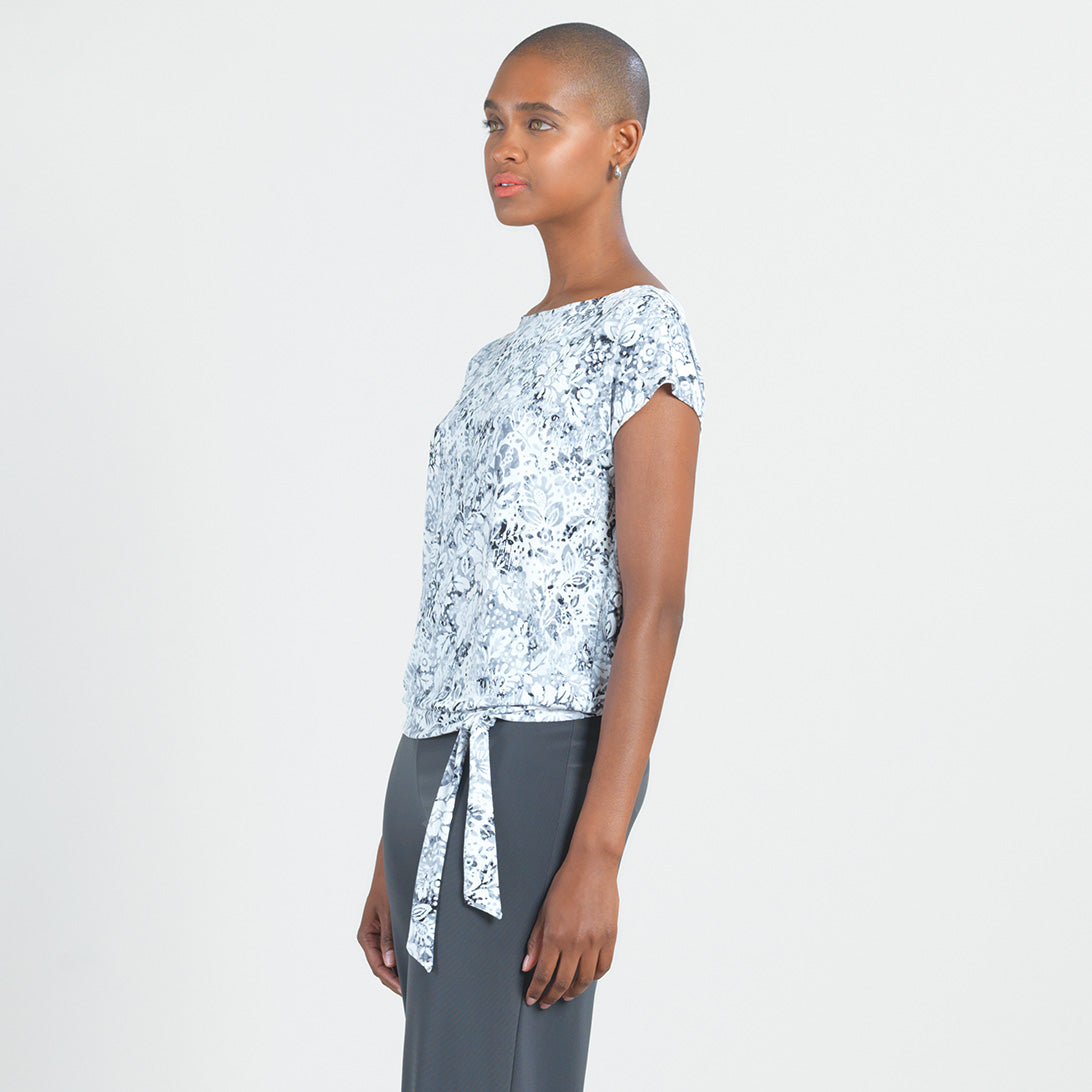 Textured Cap Sleeve Tie Hem Top - Floral Rain-Grey - Final Sale | Clara Sunwoo