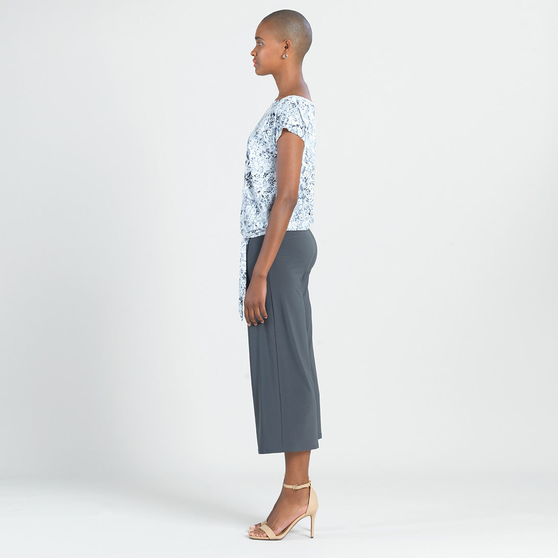 Textured Cap Sleeve Tie Hem Top - Floral Rain-Grey - Final Sale | Clara Sunwoo