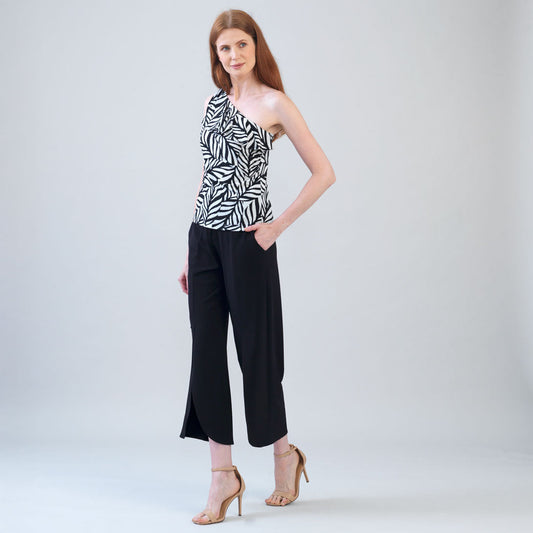 Ribbon One Shoulder Ruffle Neckline Top - Leaf Stripe - Final Sale! | Clara Sunwoo