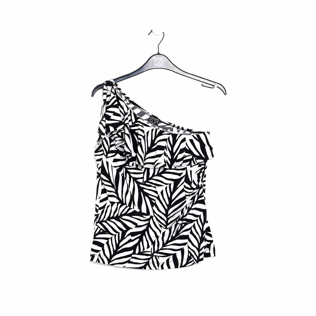 Ribbon One Shoulder Ruffle Neckline Top - Leaf Stripe - Final Sale! | Clara Sunwoo