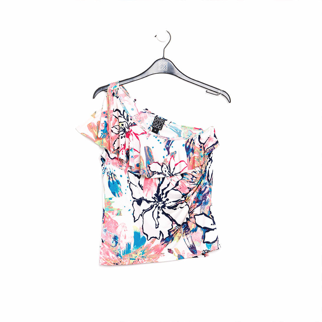 Butter Knit - Ribbon One Shoulder Ruffle Neckline Top - Water Floral - Final Sale! | Clara Sunwoo
