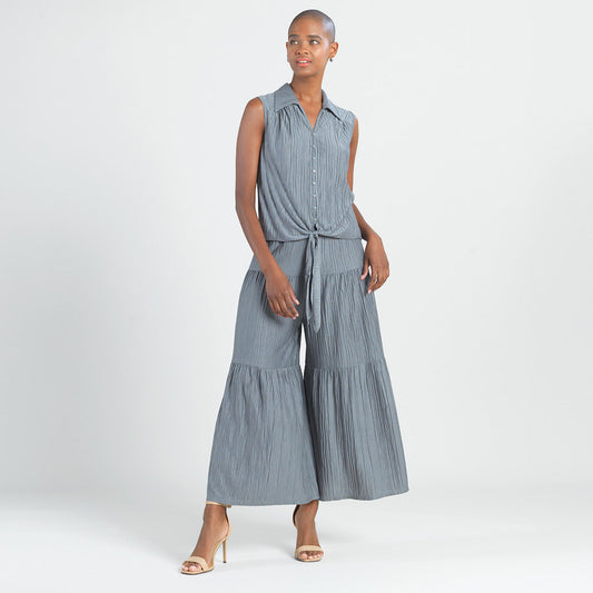 Soft Pleat Knit - Sleeveless Button Down Tie Hem Top - Olive - Final Sale! | Clara Sunwoo