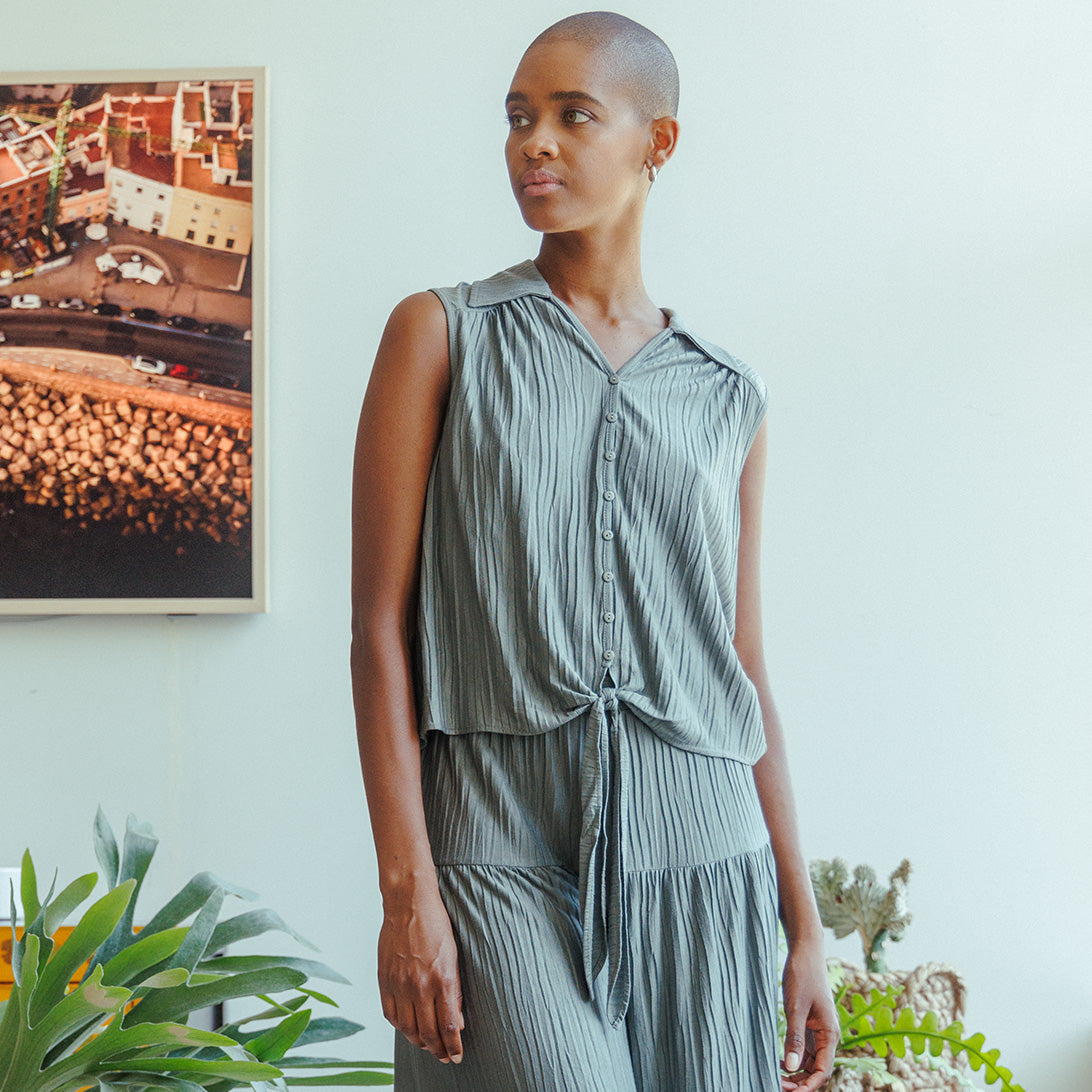 Soft Pleat Knit - Sleeveless Button Down Tie Hem Top - Olive - Final Sale! | Clara Sunwoo