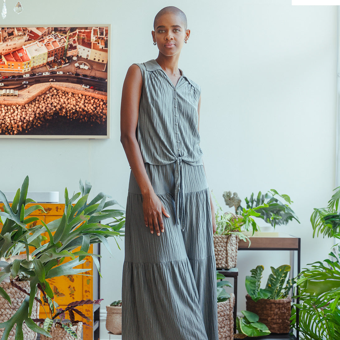 Soft Pleat Knit - Sleeveless Button Down Tie Hem Top - Olive - Final Sale! | Clara Sunwoo