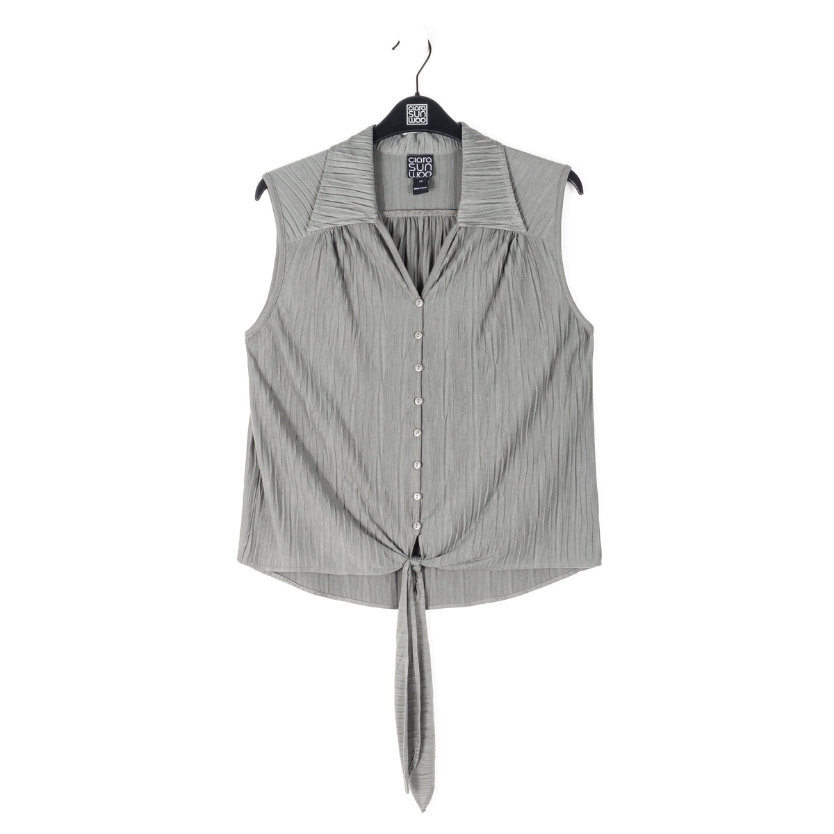 Soft Pleat Knit - Sleeveless Button Down Tie Hem Top - Olive - Final Sale! | Clara Sunwoo