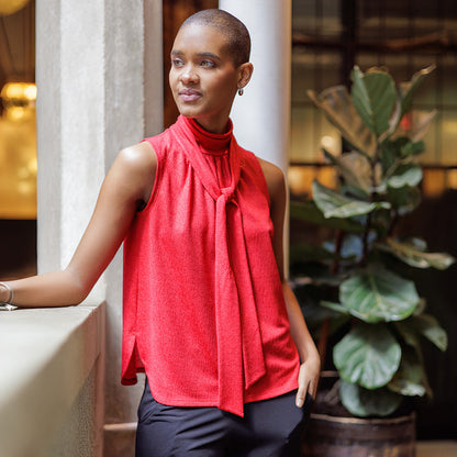 Glimmer Speck - Mock Neck-Tie Detail Top - Red - Final Sale! | Clara Sunwoo