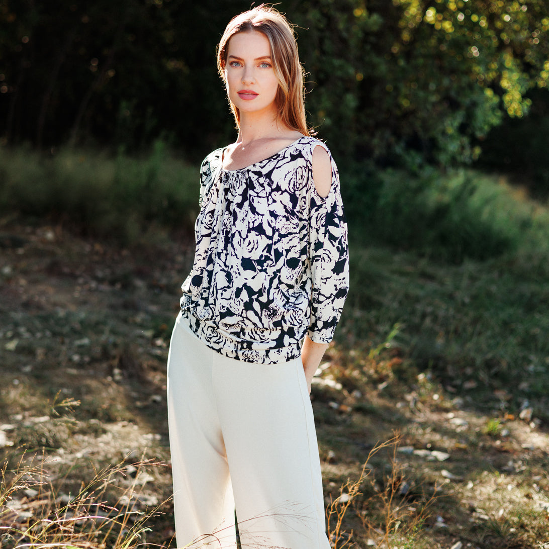 Open Shoulder Blouson Waist Top - Abstract Rose - Final Sale | Clara Sunwoo