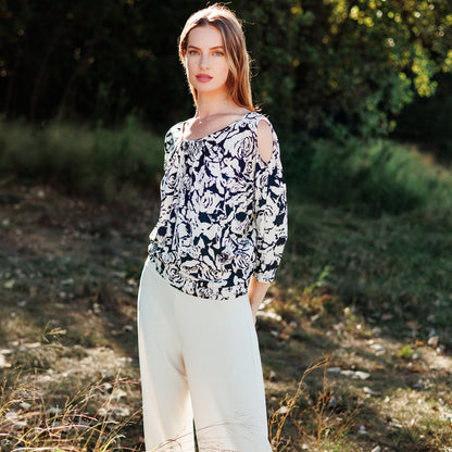 Open Shoulder Blouson Waist Top - Abstract Rose - Final Sale | Clara Sunwoo