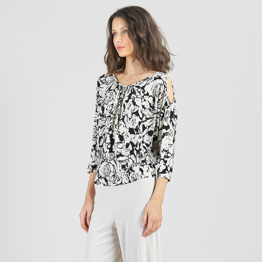 Open Shoulder Blouson Waist Top - Abstract Rose - Final Sale | Clara Sunwoo