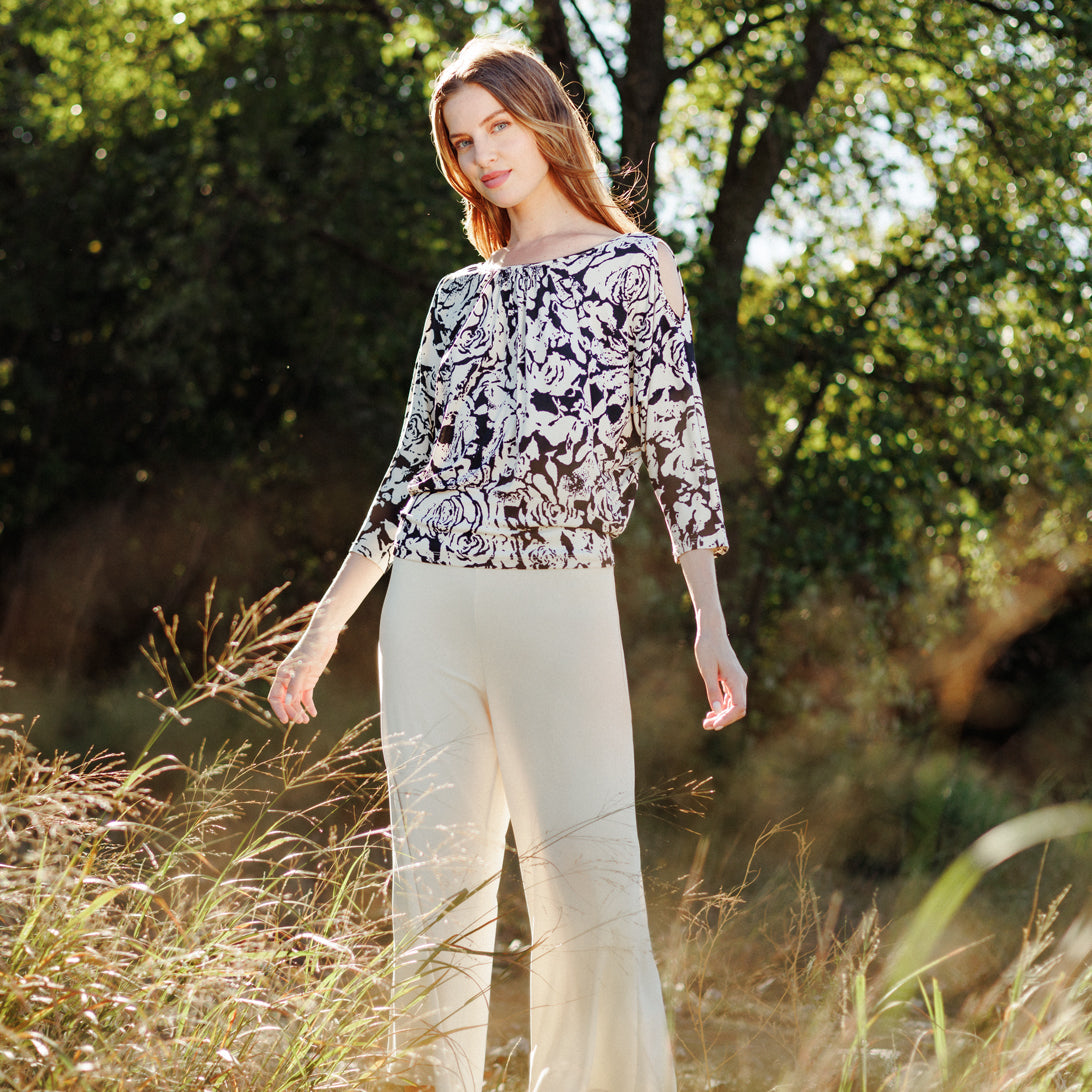 Open Shoulder Blouson Waist Top - Abstract Rose - Final Sale | Clara Sunwoo