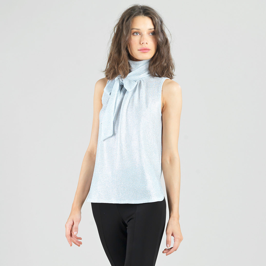 Glitter Foil - Mock Neck-Tie Detail Top - Silver - Final Sale! | Clara Sunwoo