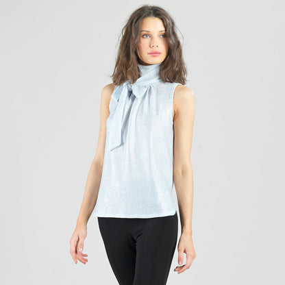 Glitter Foil - Mock Neck-Tie Detail Top - Silver - Final Sale! | Clara Sunwoo